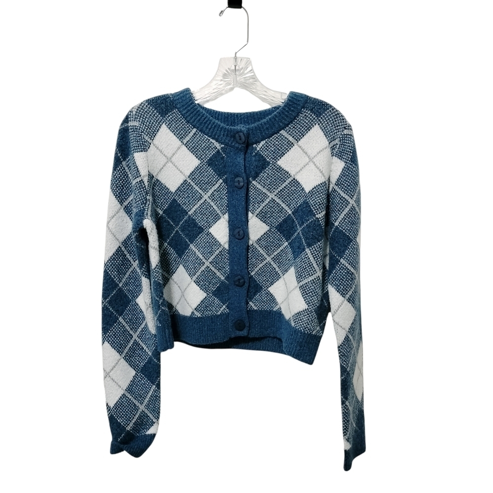 Navy and White Argyle Women's Cardigan - Picture 2 of 5